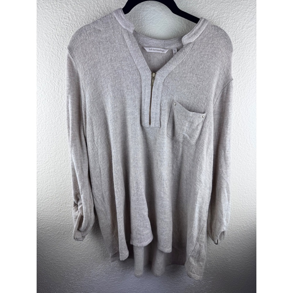 Soft Surroundings Zip Neck Tunic‎ Top Women XL Beige Stretch Flowy Minimalist